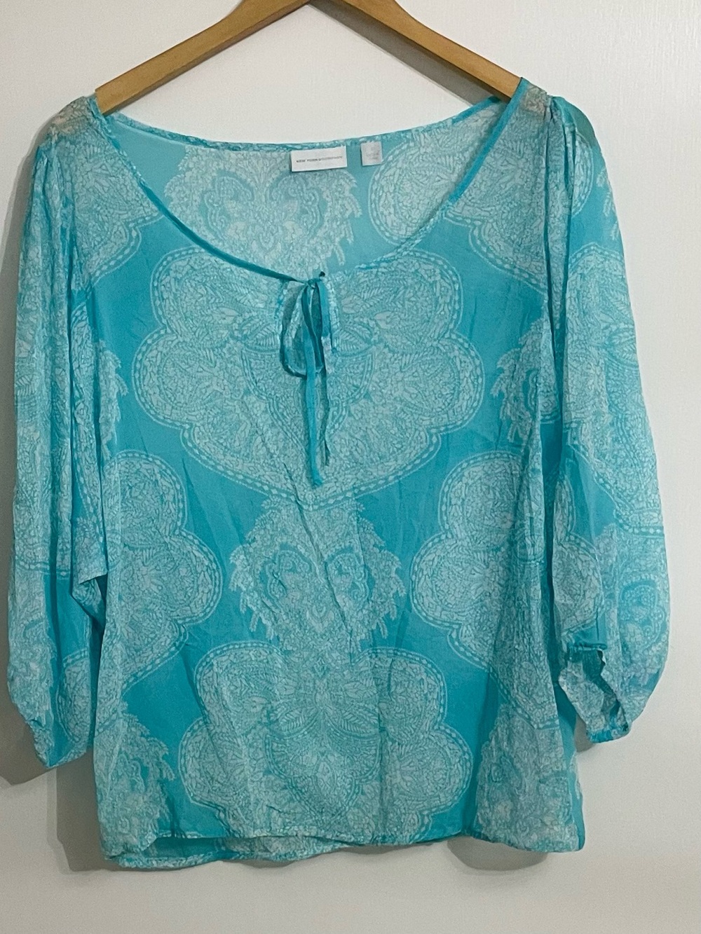 New York & Company Turquoise Paisley Tie-Neck Tunic